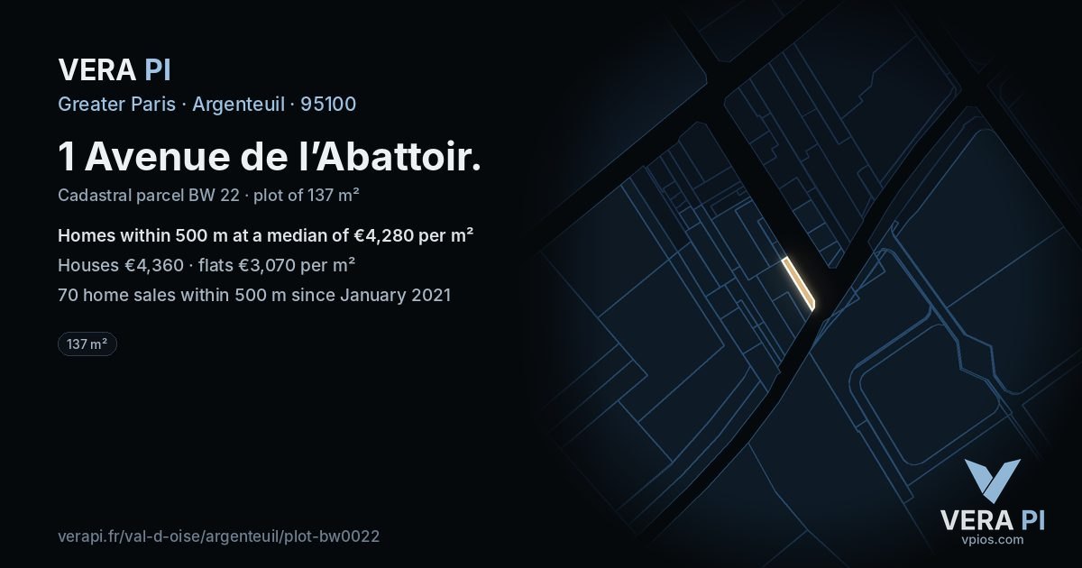 1 Avenue de l’Abattoir, Argenteuil at night – the plot lit, the parcels around coloured by the prices near them