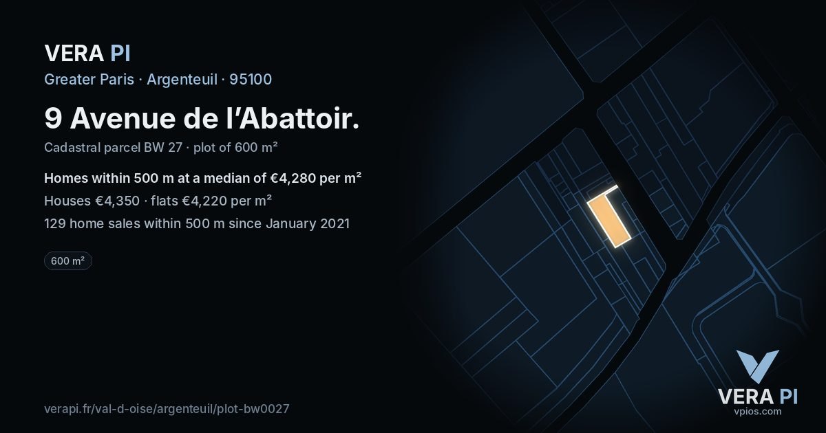 9 Avenue de l’Abattoir, Argenteuil at night – the plot lit, the parcels around coloured by the prices near them