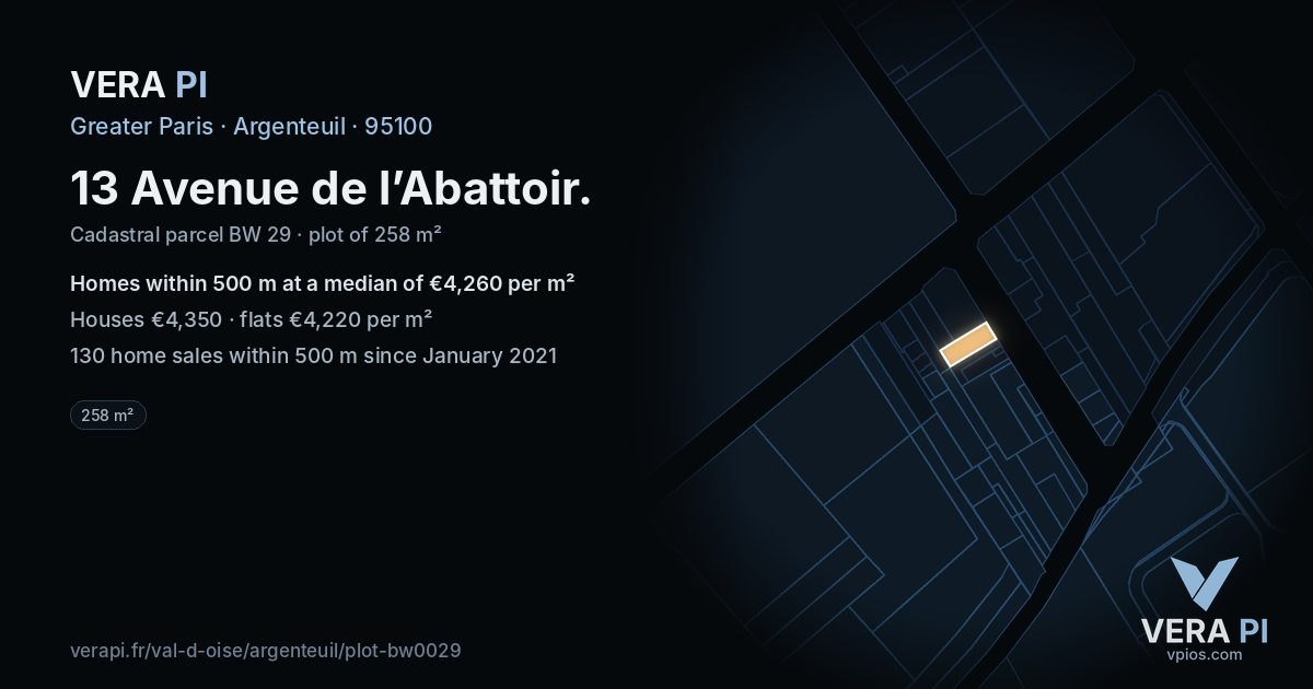 13 Avenue de l’Abattoir, Argenteuil at night – the plot lit, the parcels around coloured by the prices near them