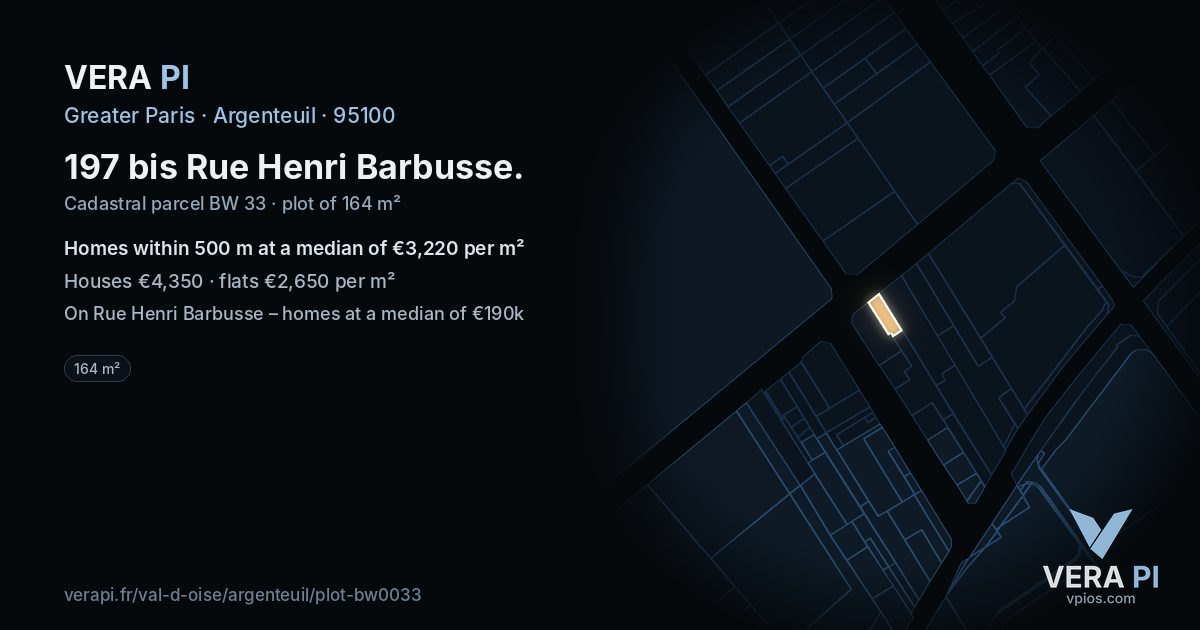 197 bis Rue Henri Barbusse, Argenteuil at night – the plot lit, the parcels around coloured by the prices near them