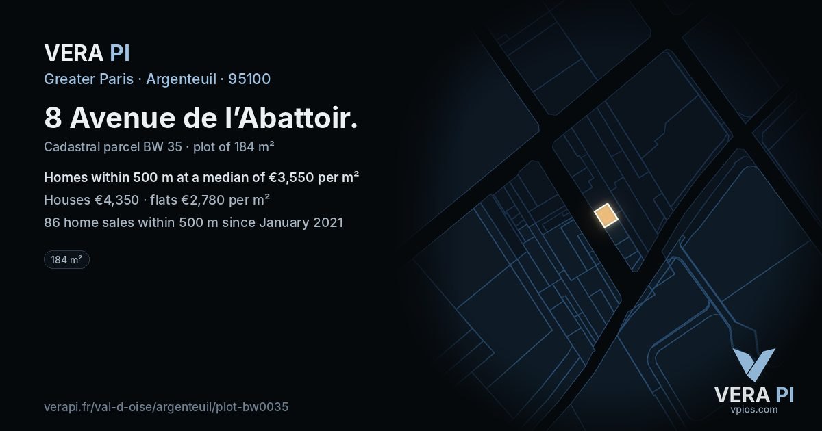 8 Avenue de l’Abattoir, Argenteuil at night – the plot lit, the parcels around coloured by the prices near them
