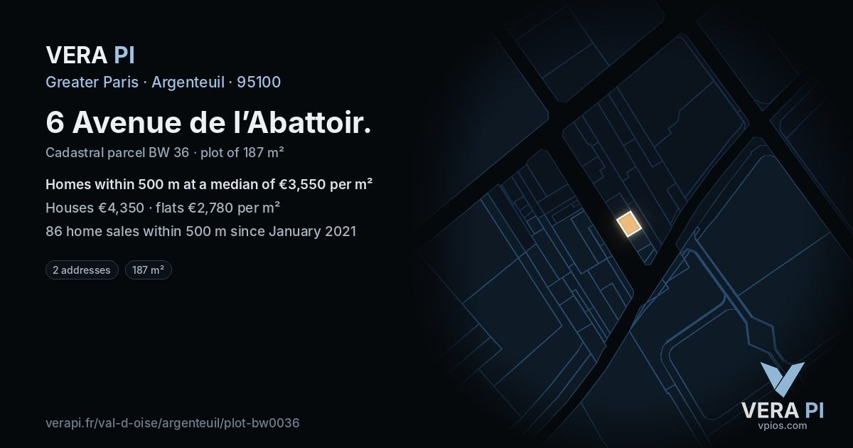 6 Avenue de l’Abattoir, Argenteuil at night – the plot lit, the parcels around coloured by the prices near them