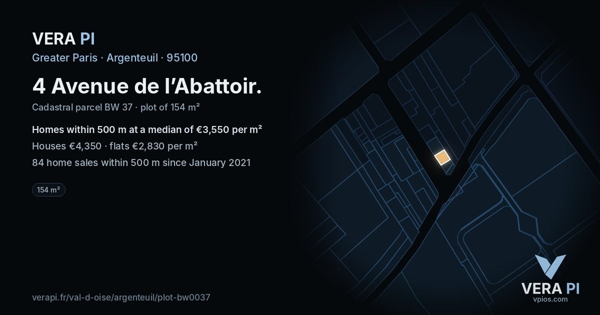 4 Avenue de l’Abattoir, Argenteuil at night – the plot lit, the parcels around coloured by the prices near them