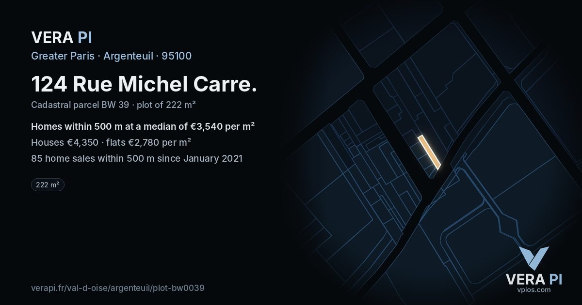 124 Rue Michel Carre, Argenteuil at night – the plot lit, the parcels around coloured by the prices near them