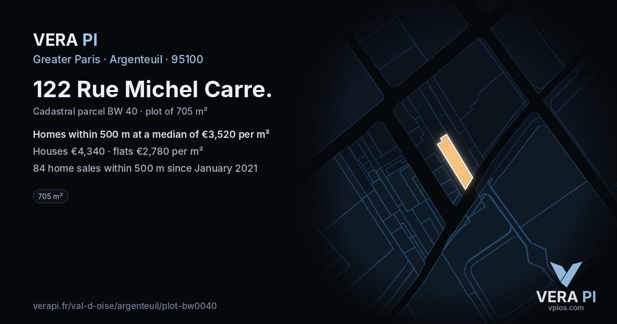 122 Rue Michel Carre, Argenteuil at night – the plot lit, the parcels around coloured by the prices near them