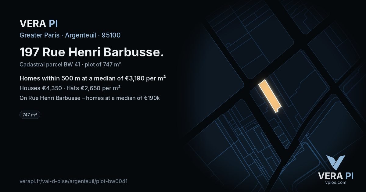 197 Rue Henri Barbusse, Argenteuil at night – the plot lit, the parcels around coloured by the prices near them
