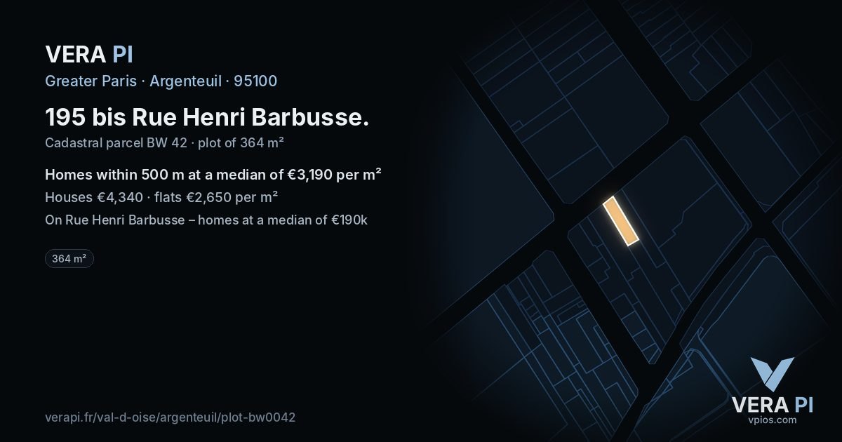195 bis Rue Henri Barbusse, Argenteuil at night – the plot lit, the parcels around coloured by the prices near them