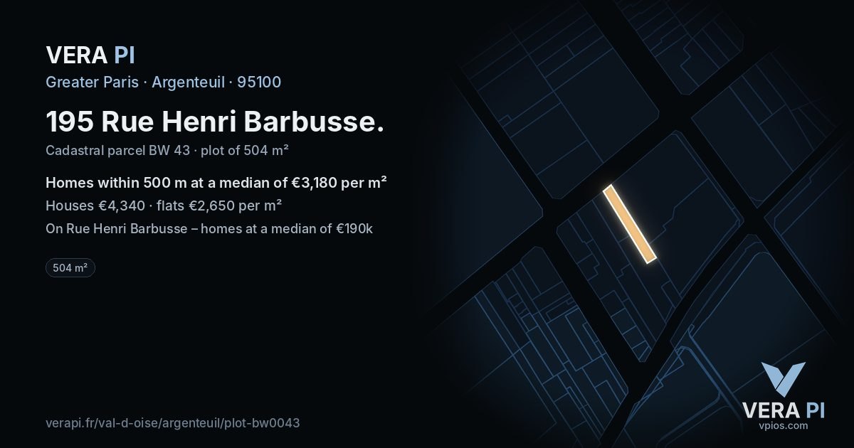 195 Rue Henri Barbusse, Argenteuil at night – the plot lit, the parcels around coloured by the prices near them