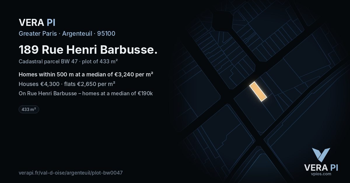189 Rue Henri Barbusse, Argenteuil at night – the plot lit, the parcels around coloured by the prices near them
