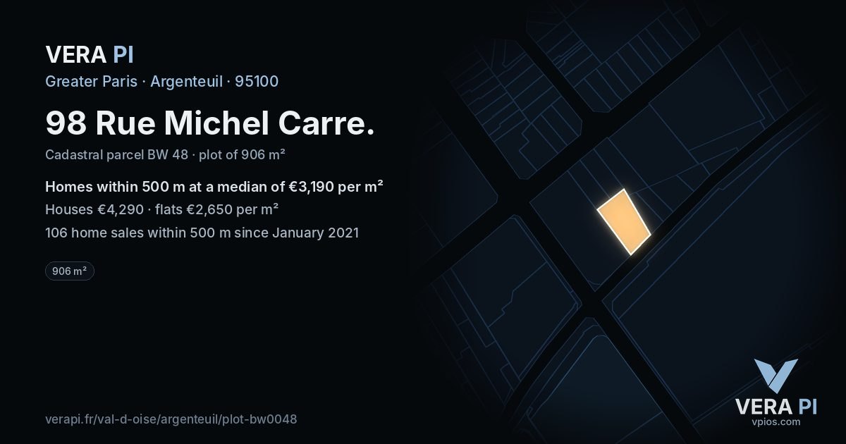 98 Rue Michel Carre, Argenteuil at night – the plot lit, the parcels around coloured by the prices near them