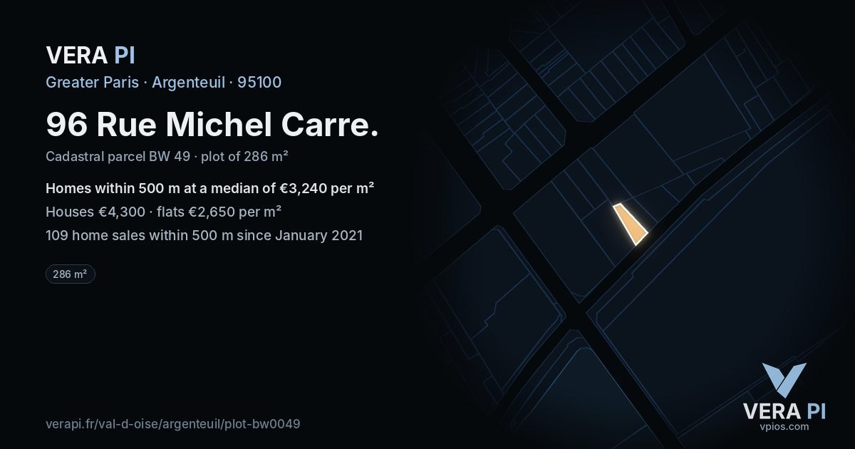 96 Rue Michel Carre, Argenteuil at night – the plot lit, the parcels around coloured by the prices near them