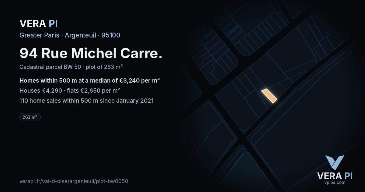 94 Rue Michel Carre, Argenteuil at night – the plot lit, the parcels around coloured by the prices near them