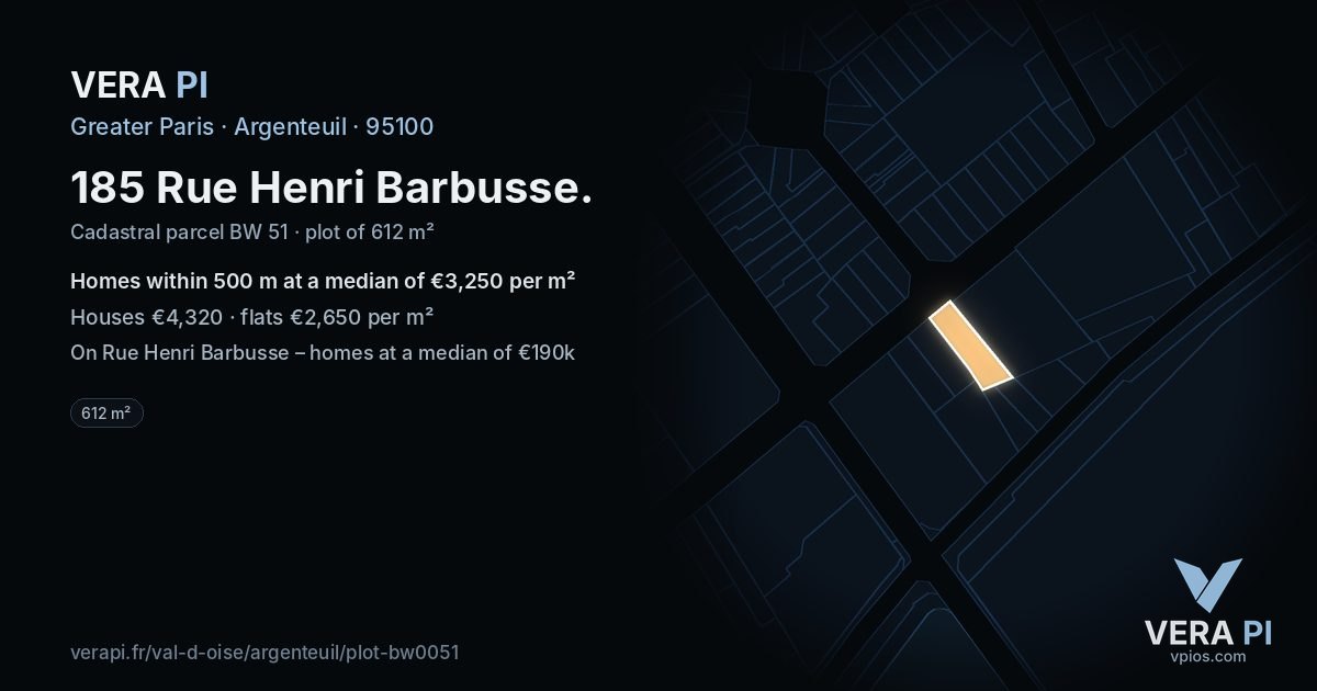 185 Rue Henri Barbusse, Argenteuil at night – the plot lit, the parcels around coloured by the prices near them