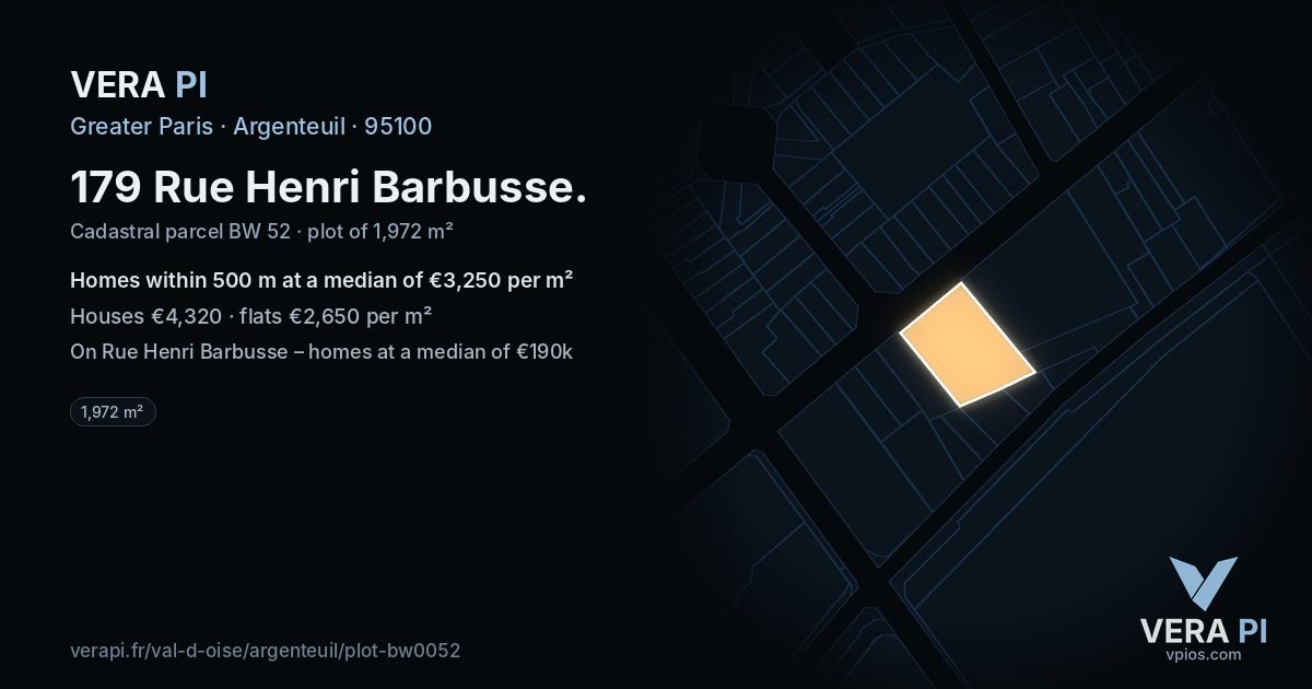 179 Rue Henri Barbusse, Argenteuil at night – the plot lit, the parcels around coloured by the prices near them