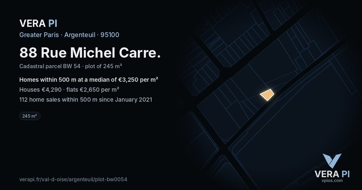 88 Rue Michel Carre, Argenteuil at night – the plot lit, the parcels around coloured by the prices near them