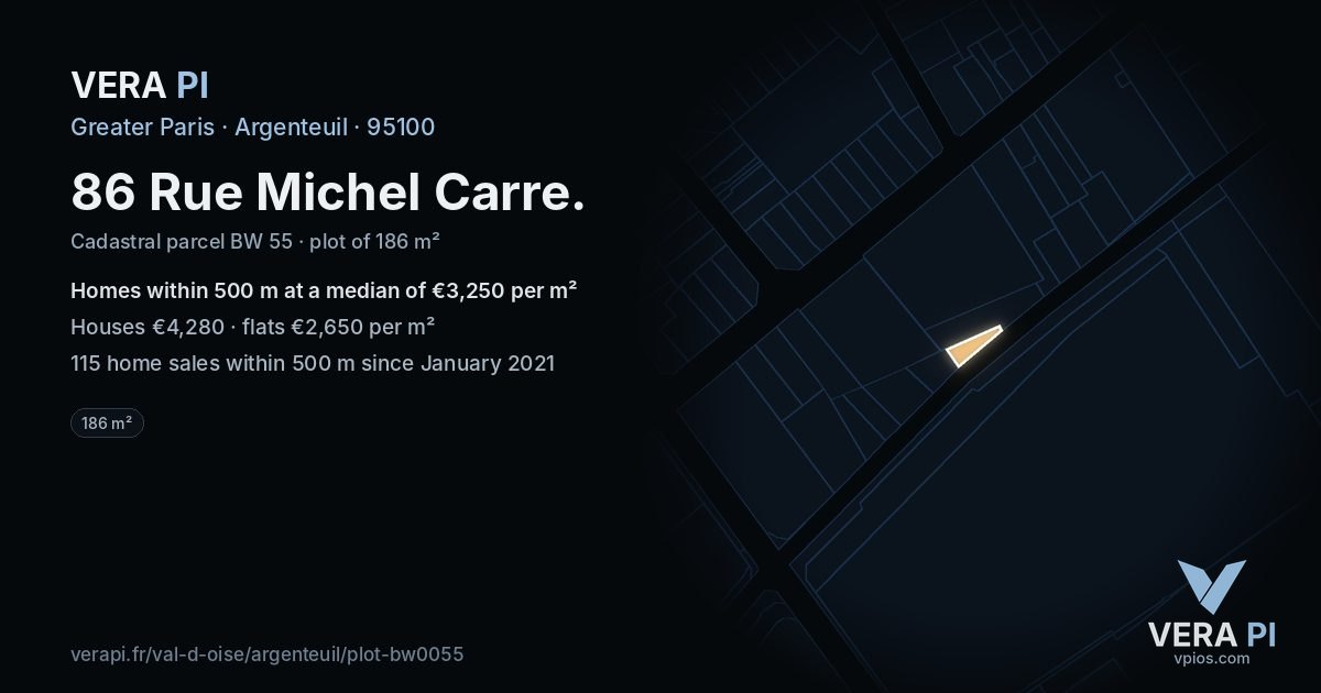 86 Rue Michel Carre, Argenteuil at night – the plot lit, the parcels around coloured by the prices near them