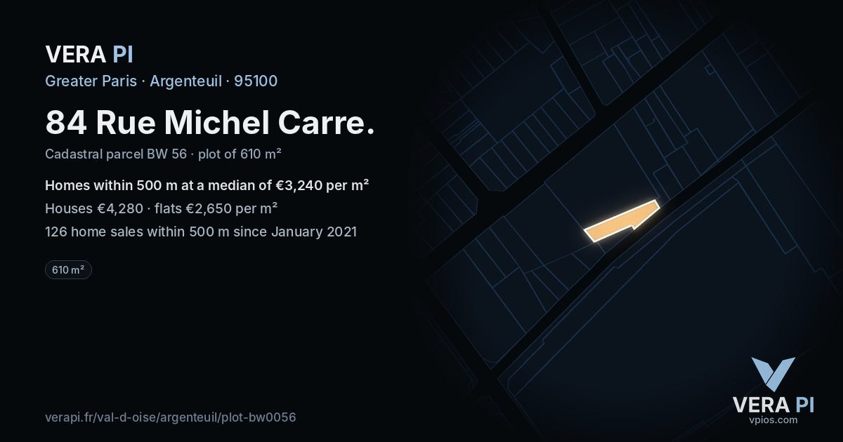84 Rue Michel Carre, Argenteuil at night – the plot lit, the parcels around coloured by the prices near them