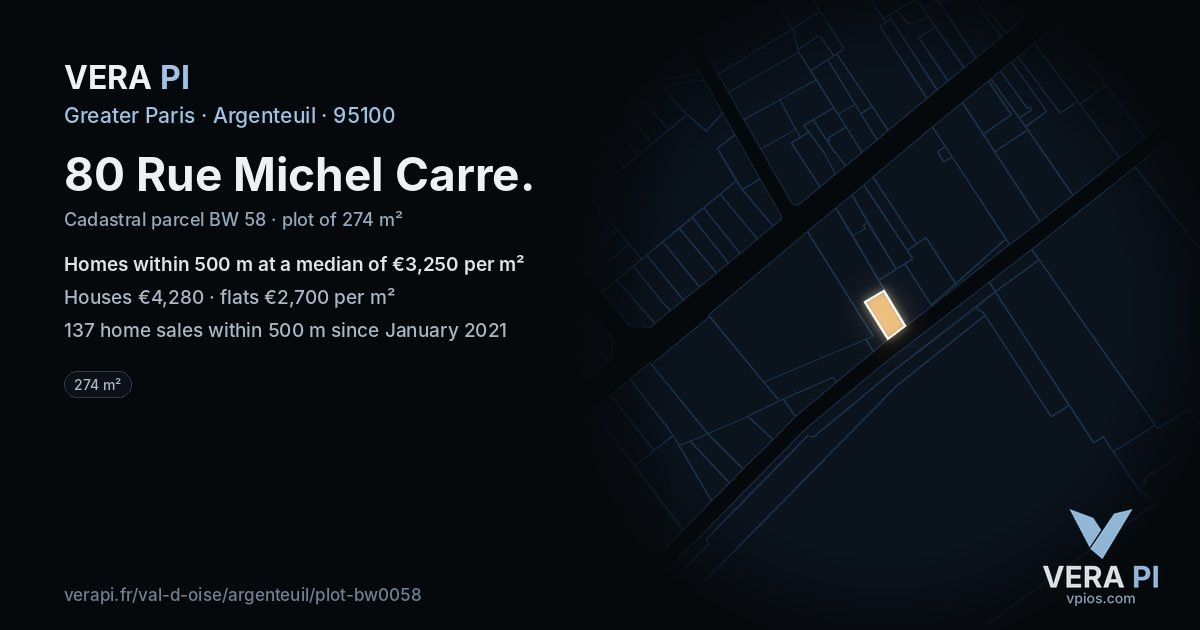 80 Rue Michel Carre, Argenteuil at night – the plot lit, the parcels around coloured by the prices near them
