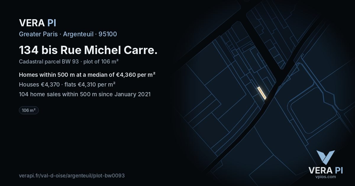 134 bis Rue Michel Carre, Argenteuil at night – the plot lit, the parcels around coloured by the prices near them