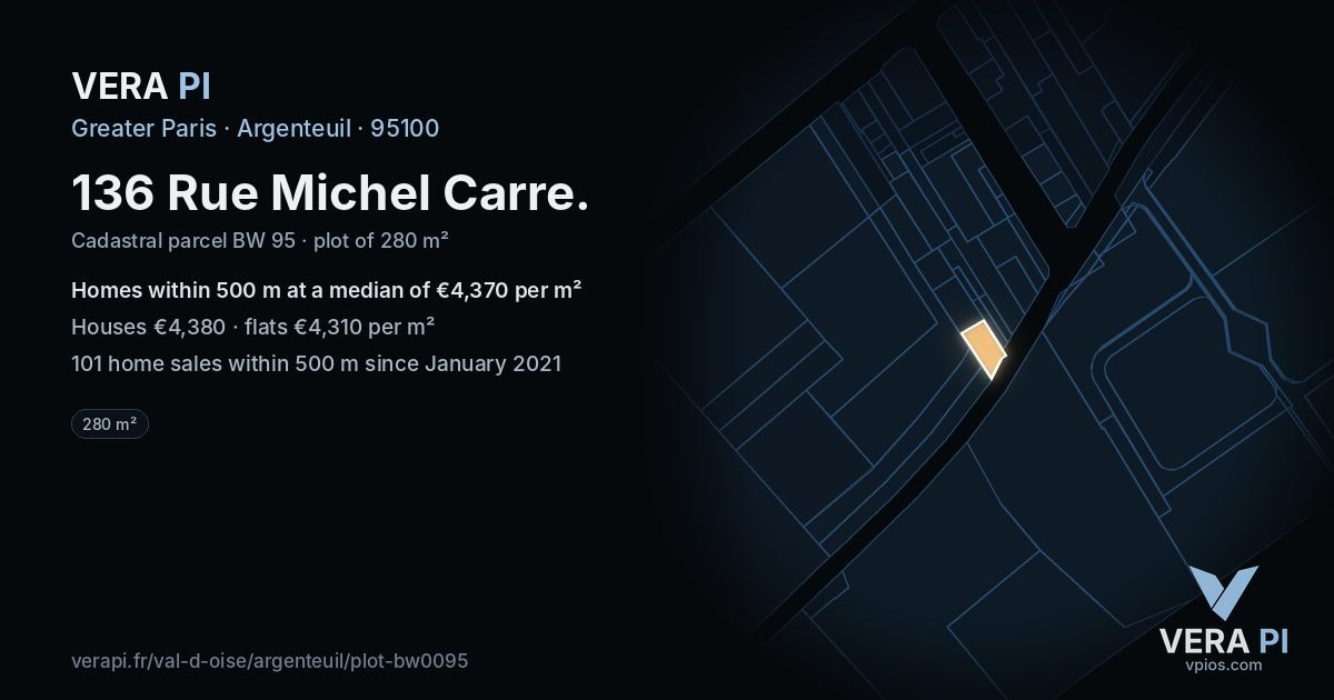 136 Rue Michel Carre, Argenteuil at night – the plot lit, the parcels around coloured by the prices near them