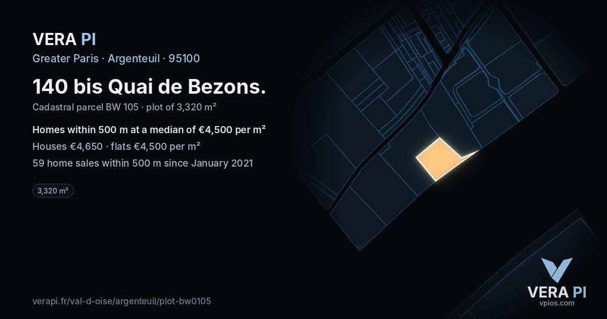 140 bis Quai de Bezons, Argenteuil at night – the plot lit, the parcels around coloured by the prices near them