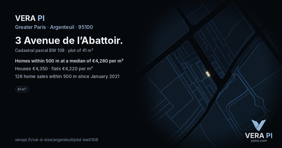3 Avenue de l’Abattoir, Argenteuil at night – the plot lit, the parcels around coloured by the prices near them