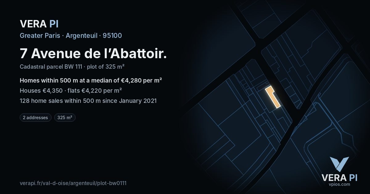 7 Avenue de l’Abattoir, Argenteuil at night – the plot lit, the parcels around coloured by the prices near them