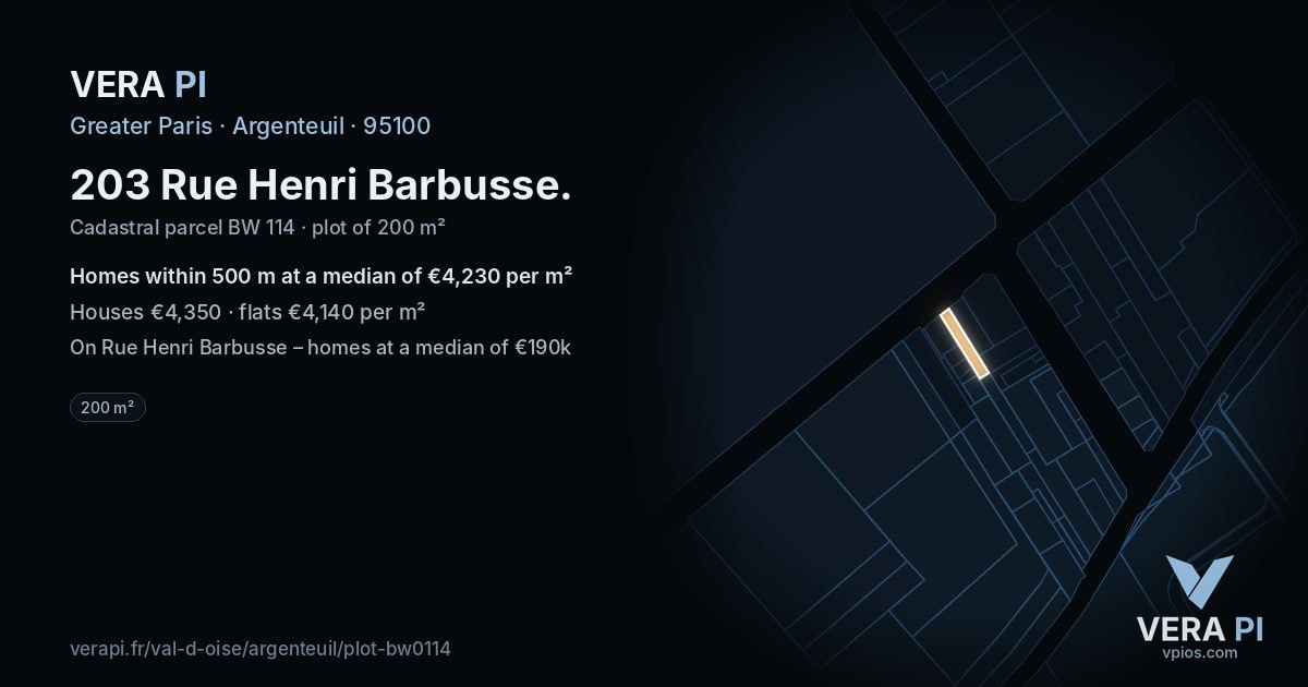 203 Rue Henri Barbusse, Argenteuil at night – the plot lit, the parcels around coloured by the prices near them