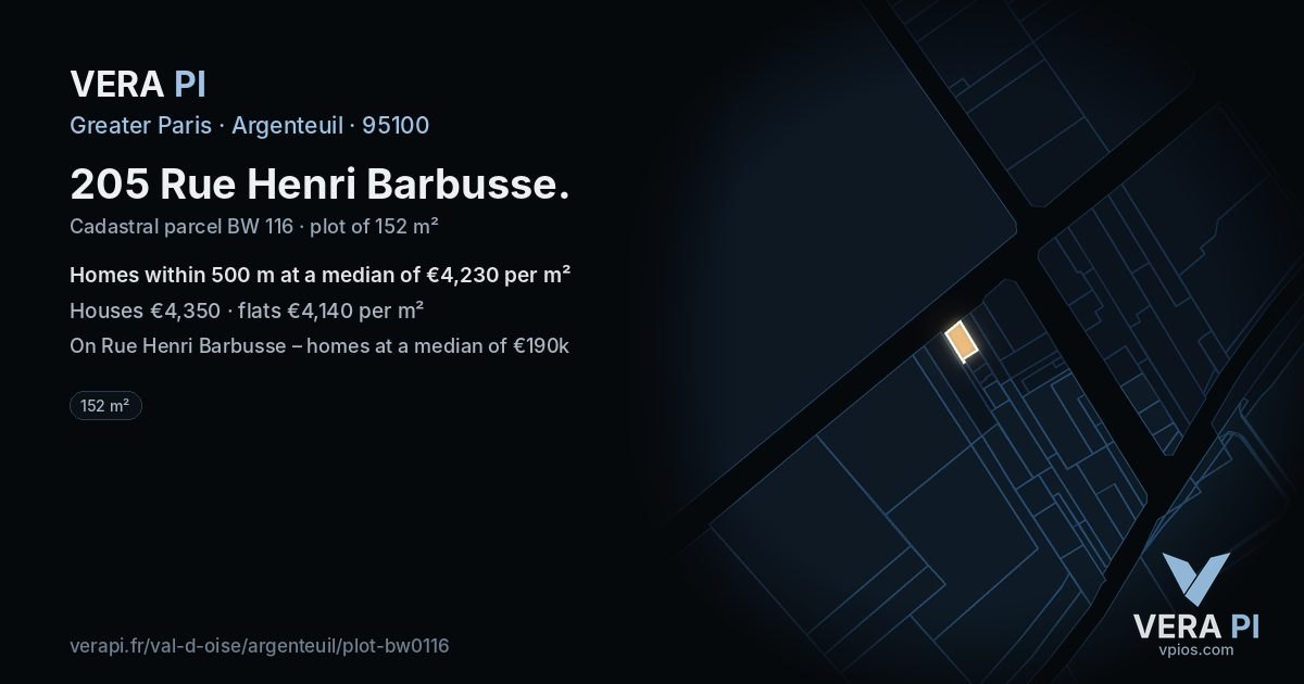 205 Rue Henri Barbusse, Argenteuil at night – the plot lit, the parcels around coloured by the prices near them