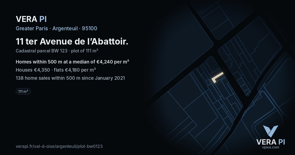 11 ter Avenue de l’Abattoir, Argenteuil at night – the plot lit, the parcels around coloured by the prices near them