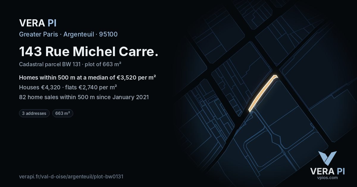 143 Rue Michel Carre, Argenteuil at night – the plot lit, the parcels around coloured by the prices near them