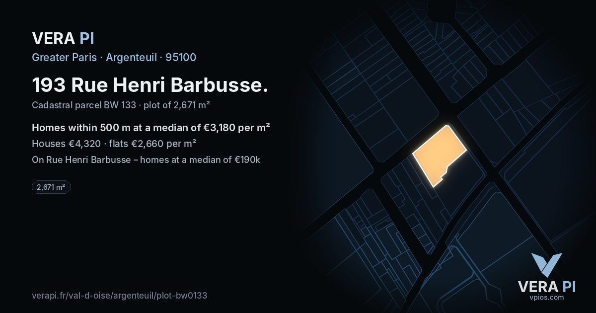 193 Rue Henri Barbusse, Argenteuil at night – the plot lit, the parcels around coloured by the prices near them
