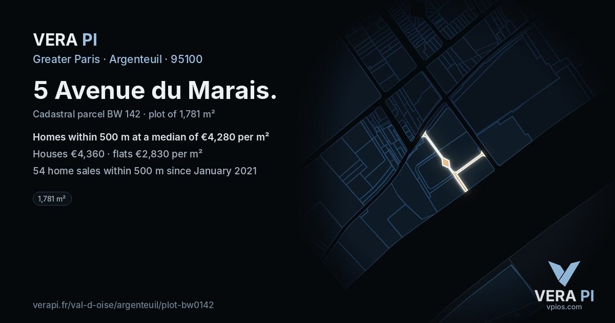5 Avenue du Marais, Argenteuil at night – the plot lit, the parcels around coloured by the prices near them