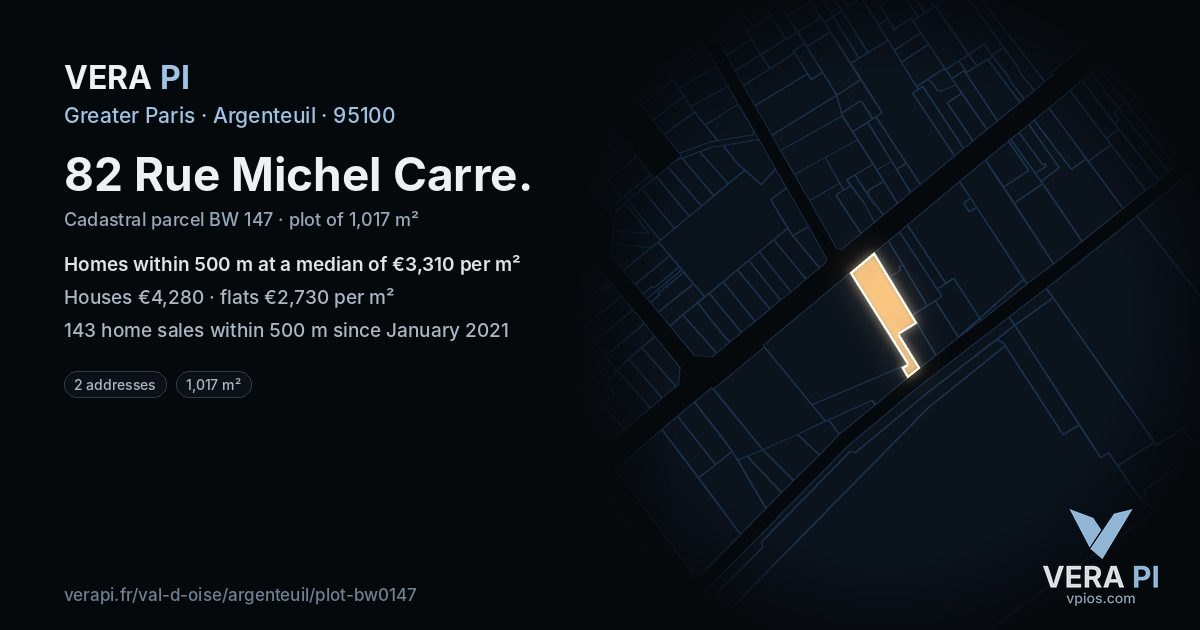 82 Rue Michel Carre, Argenteuil at night – the plot lit, the parcels around coloured by the prices near them