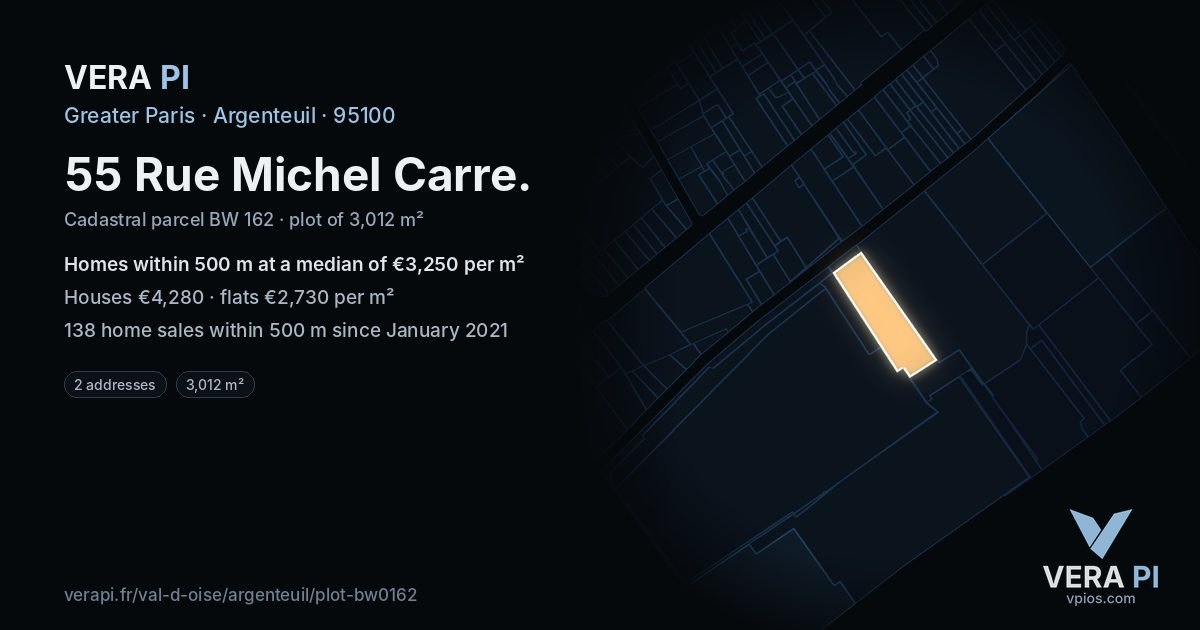 55 Rue Michel Carre, Argenteuil at night – the plot lit, the parcels around coloured by the prices near them
