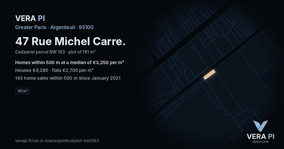 47 Rue Michel Carre, Argenteuil at night – the plot lit, the parcels around coloured by the prices near them
