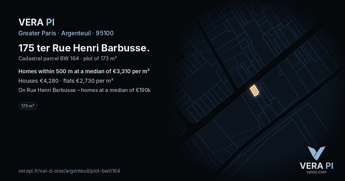 175 ter Rue Henri Barbusse, Argenteuil at night – the plot lit, the parcels around coloured by the prices near them