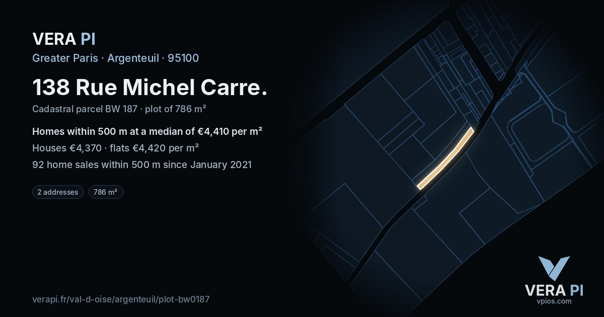 138 Rue Michel Carre, Argenteuil at night – the plot lit, the parcels around coloured by the prices near them