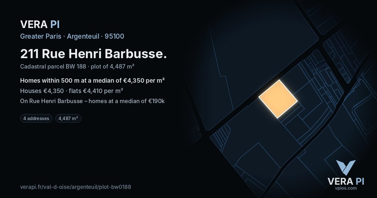 211 Rue Henri Barbusse, Argenteuil at night – the plot lit, the parcels around coloured by the prices near them