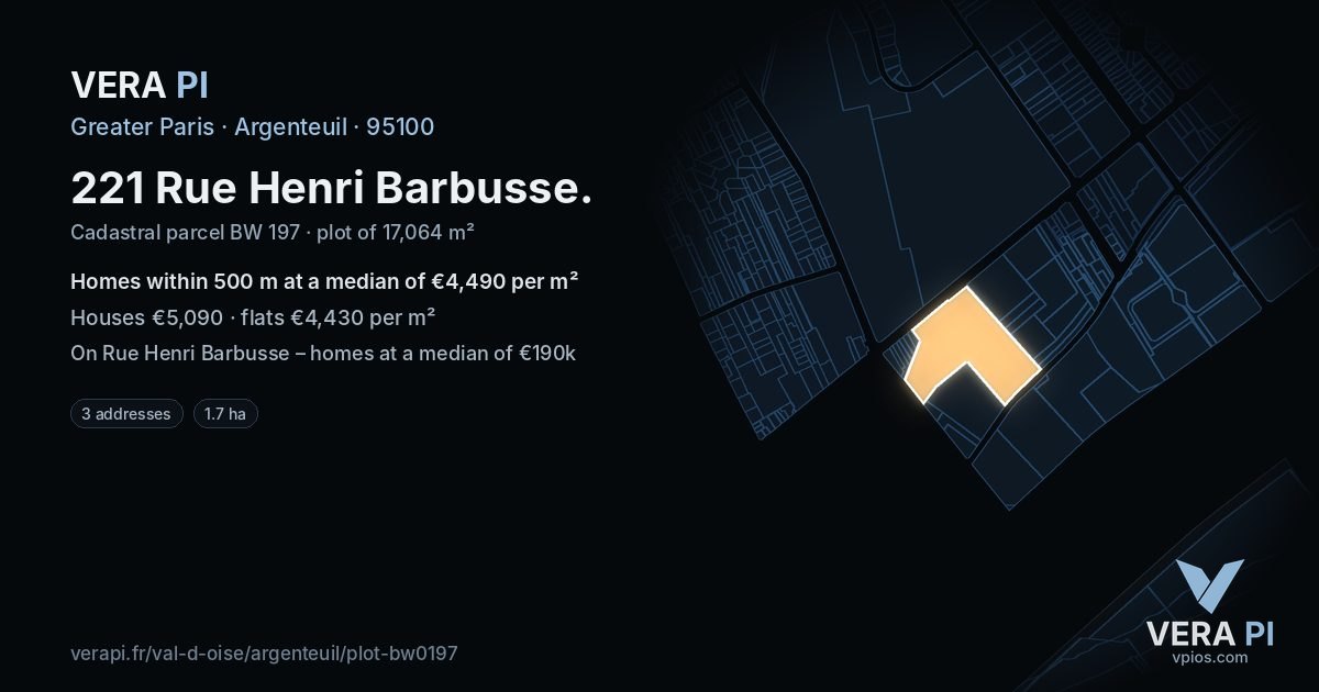 221 Rue Henri Barbusse, Argenteuil at night – the plot lit, the parcels around coloured by the prices near them