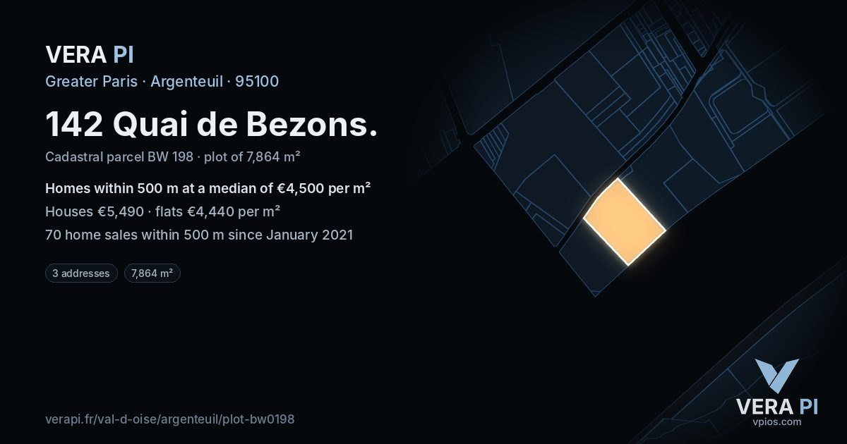 142 Quai de Bezons, Argenteuil at night – the plot lit, the parcels around coloured by the prices near them
