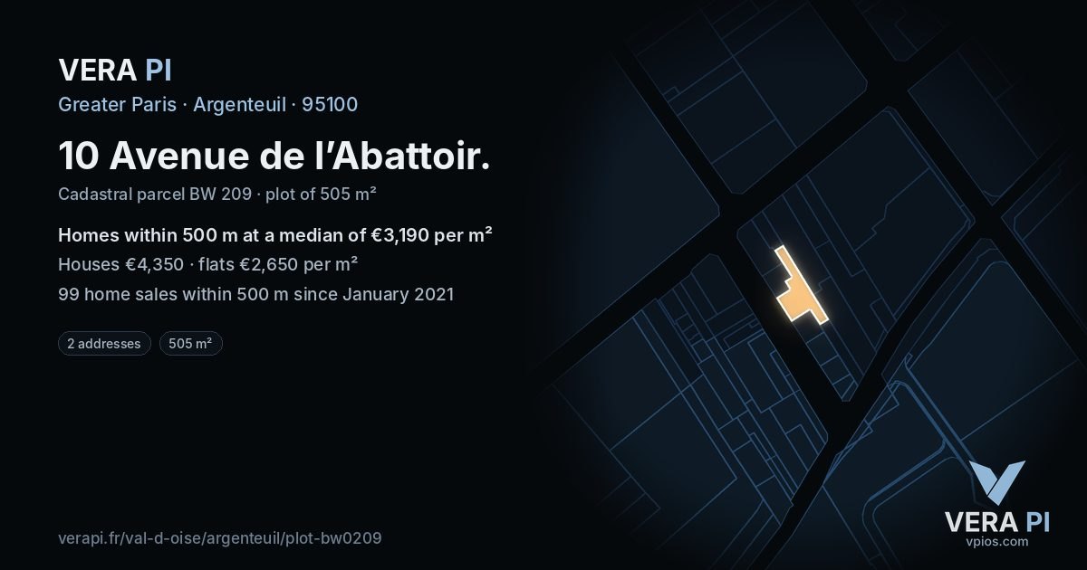 10 Avenue de l’Abattoir, Argenteuil at night – the plot lit, the parcels around coloured by the prices near them