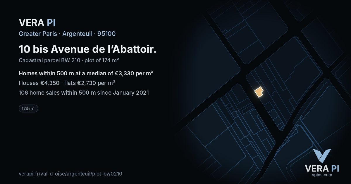 10 bis Avenue de l’Abattoir, Argenteuil at night – the plot lit, the parcels around coloured by the prices near them