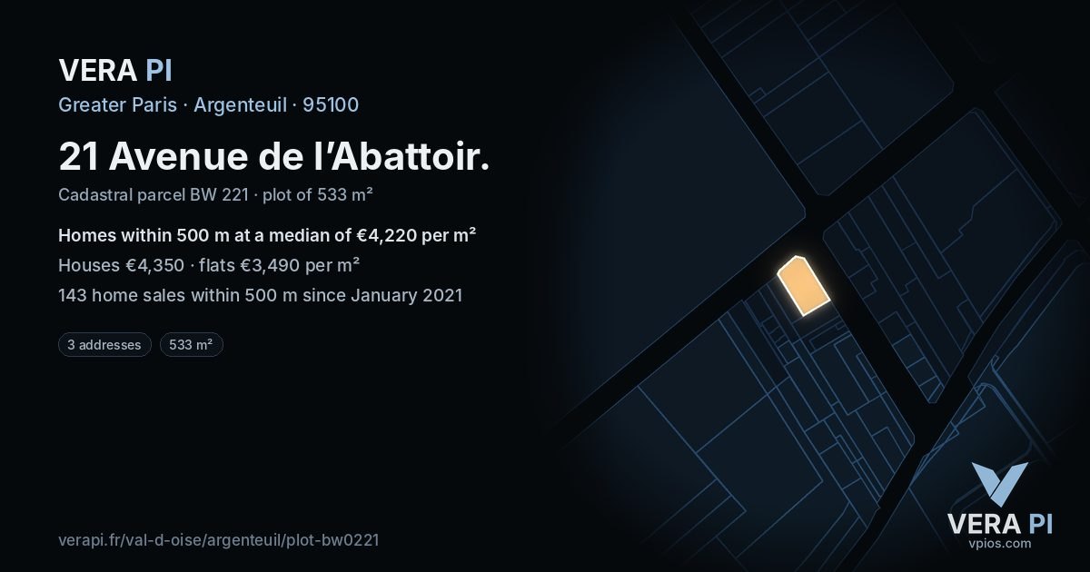 21 Avenue de l’Abattoir, Argenteuil at night – the plot lit, the parcels around coloured by the prices near them