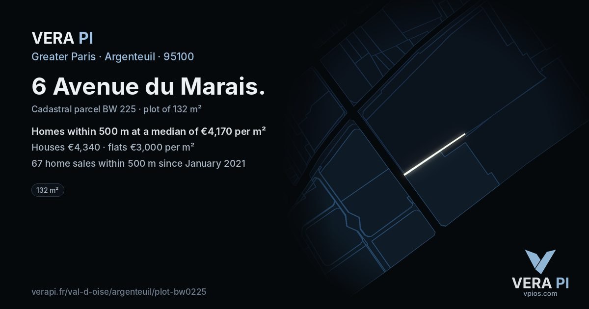 6 Avenue du Marais, Argenteuil at night – the plot lit, the parcels around coloured by the prices near them