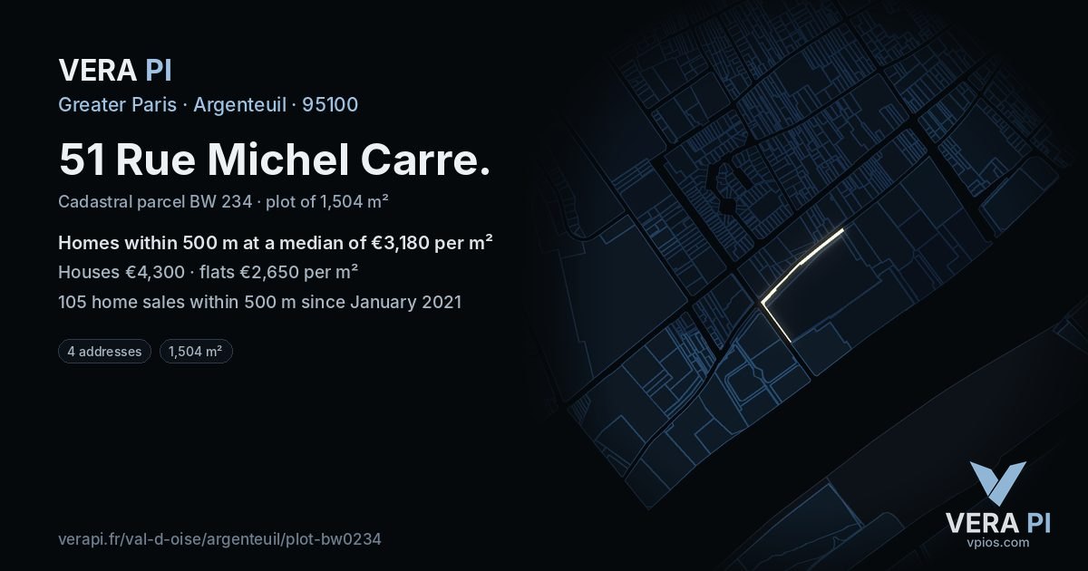 51 Rue Michel Carre, Argenteuil at night – the plot lit, the parcels around coloured by the prices near them