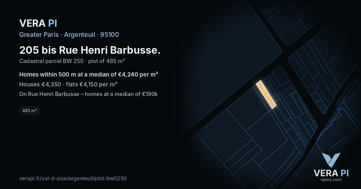 205 bis Rue Henri Barbusse, Argenteuil at night – the plot lit, the parcels around coloured by the prices near them