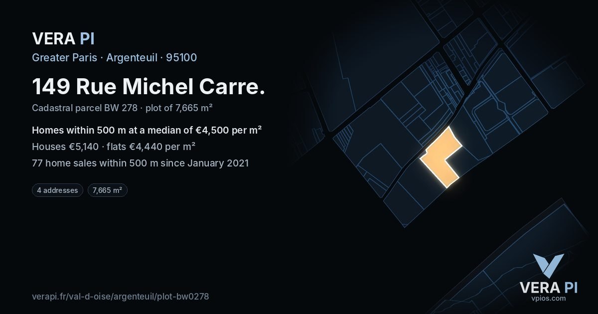 149 Rue Michel Carre, Argenteuil at night – the plot lit, the parcels around coloured by the prices near them