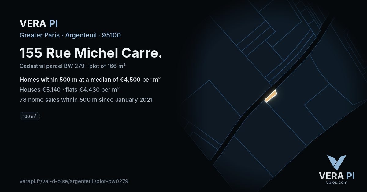 155 Rue Michel Carre, Argenteuil at night – the plot lit, the parcels around coloured by the prices near them