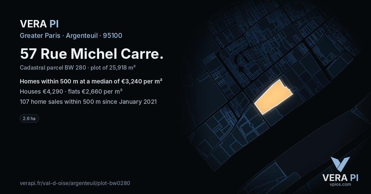 57 Rue Michel Carre, Argenteuil at night – the plot lit, the parcels around coloured by the prices near them
